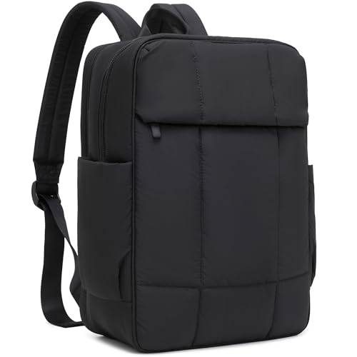 Quilted Laptop Backpack 15.6 Inch with USB Charging Hole,Lightweight Puffer Padding Travel Backpack for Women,Anti Theft College Bookbag,Large Capacity Computer Work Bag Daypack Business,Black