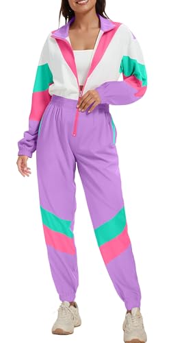 UOUA 80er-Jahre-Outfit für Frauen 94er-Jahre-Kostüm Jumpsuits Langarm Windbreaker Einteiliger Party-Trainingsanzug Lila Weiß 2XL