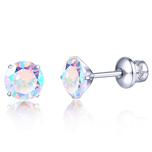 G23 Titanium CZ Stud Earrings, Hypoallergenic F136 Implant Grade Titanium Screw Back Simulated Diamond Earrings for Sensitive Ears, 6mm 5A Cubic Zirconia Stud Earrings for Women