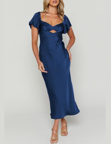 Image of Summer Satin Flutter Sleeve Wedding Guest Dresses for Women Sweetheart Neckline Cutout Tie Back Midi Cocktail Dress