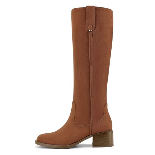 Image of Women's Knee High Boots Chunky Low Block Heel Round Toe Faux Leather Rinding Boots with Side Zip Fashion Tall Boots for Women