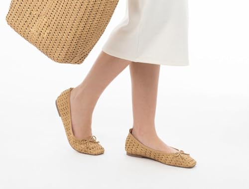 Mesh Raffia Ballet Flats for Women Mary Jane Flats Bows Woven Ballerina Brown Slip on Square Toe Dressy2