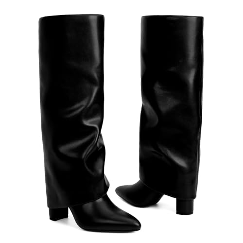 Image of Knee High Boots Women Fold Over Boots Chunky Heel Pointed Toe Tall Boots