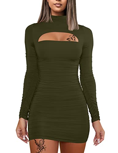 DAAWENXI Women's Sexy Long Sleeve Cut Out Bodycon Ruched Party Club Mini Dress ArmyGreen