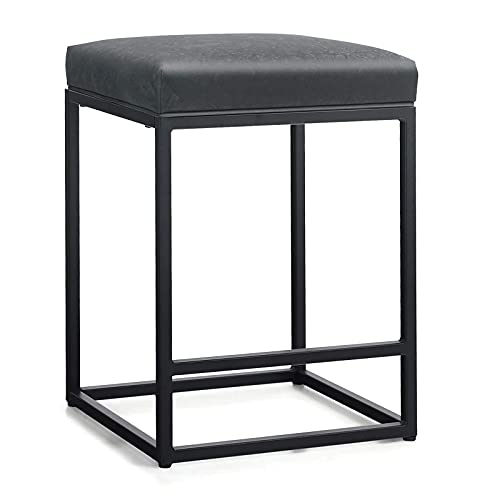 Maison Arts Black Counter Height 24" Bar Stool For Kitchen Counter Backless Modern Square Barstool Upholstered Faux Leather Stool Farmhouse Island Chair, Support 330 Lbs,(24 Inch,Black), 1Pc #TOP7
