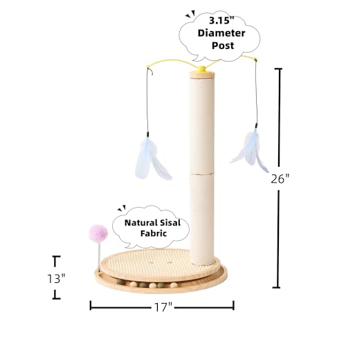 SHENGOCASE Cat Tree Scratching Post Scratcher, 26 Inch Tall, Solid Wood Base,Sisal Rope, Interactive Ball Track and Spinning Wand Feather Toys, Scratch Pad by SHENGOCASE - Image 3