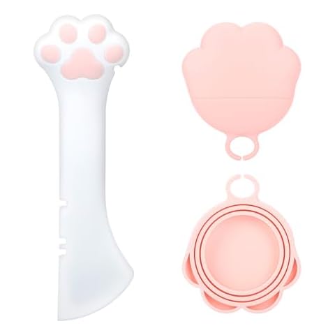 Admaison 3Pcs/Set Pet Food Can Lids & Cat Can Opener,Cute Paw Shape Spoon for Dog,Universal Size BPA Free Silicone Lids,Cat Can Covers for Dog Cat Wet Food Cans Pink Cover