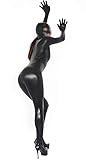 ViCiTOU Women's Sexy Full Cover Metallic Catsuit Zipper Crotch Bodysuit Catsuit Clubwear Attached Hood Gloves Socks (Black, 3X-Large)