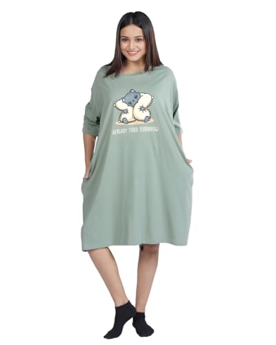 Image of LAMA STORE Women's Printed Oversized T-Shirt Dress, Cotton, 3 /4 Sleeve Length, Casual Loose Fit, Comfort Wear Extra Comfy Oversized Printed Pocket T-Shirt Dress