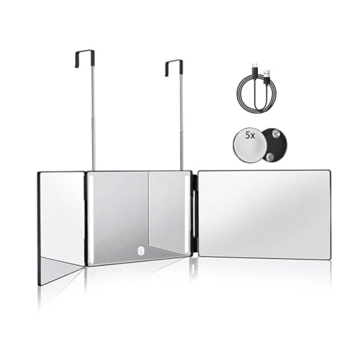 HIEEY 3 Way Mirror for Hair Cutting with LED,360 Trifold with Height Adjustable Telescoping Hooks,and 5X Magnification ,for Makeup and Styling (Black)