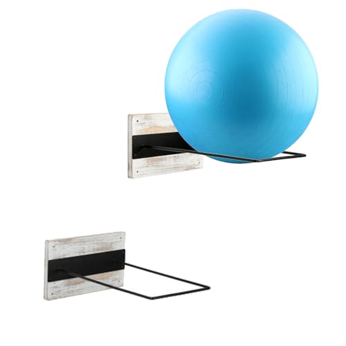 MyGift Exercise Ball Holder Set of 2, Wall Mounted Stability Ball Rack, Whitewashed Wood Storage for Home Gym Yoga Garage