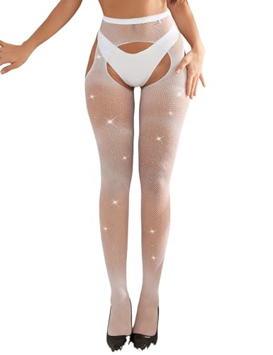ohyeah Women Fishnet Stockings Plus Size Sparkly Tights Lace Suspender Pantyhose High Waist Rhinestone Legging