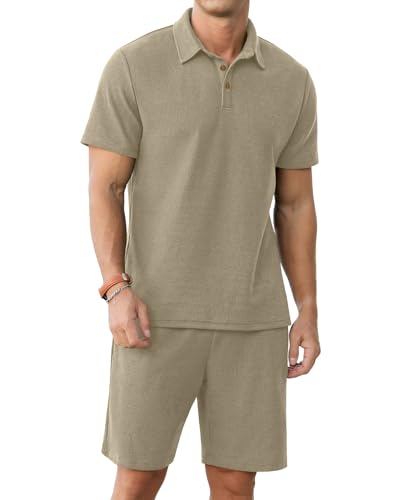 PrinStory Men's Summer Outfits Waffle Knit Polo Shirt and Shorts Set 2 Pieces Casual Tracksuit with Pockets2