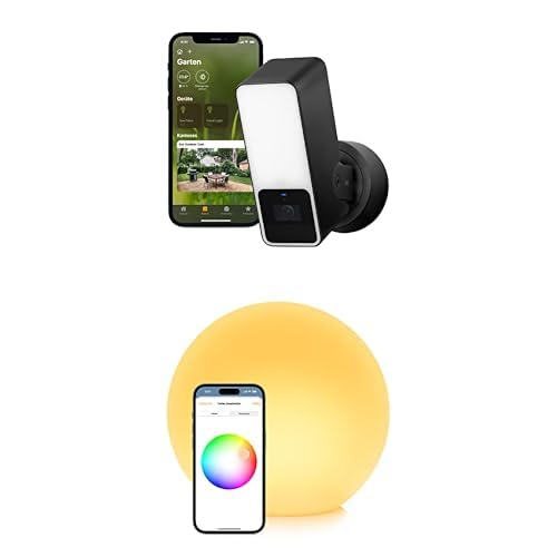 Eve Smartes Gartenambiente Outdoor Cam – Smarte Überwachungskamera mit Flutlicht, Nachtsicht, Flare – Tragbare smarte LED-Kugelleuchte, wasserbeständig, weißes & farbiges Licht
