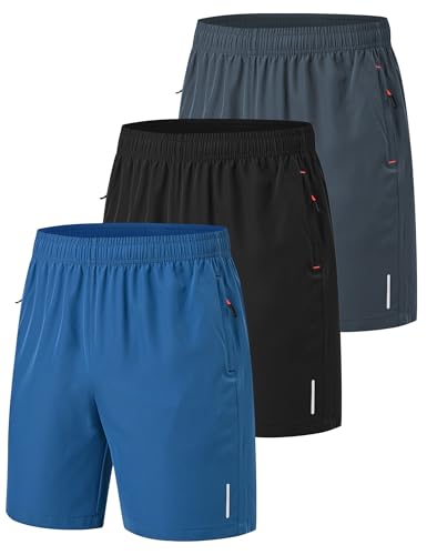 Buyboxs 3 Pack Men's Sports Running Shorts Quick Dry Athletic Shorts Basketball Shorts with Pockets, Blue Dark Grey Black M