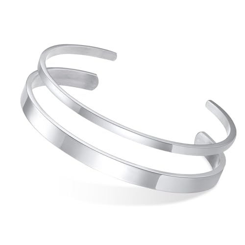 MEALGUET Stainless Steel Mens Cuff Bracelet : Polished 2 Pcs Stackable Metal Minimalist Open Cuffs Bangle Bracelet Set for Men,Mens Jewelry Gift, Silver