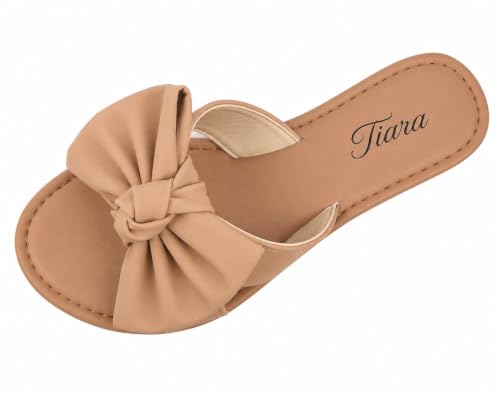 Image of Tiara Women's Bow Sandals, Slip On Flat Slides with Bow Detail | Cute Summer Sandals, Cushioned for All-Day Comfort - Great for Beach, Vacation & Everyday Wear