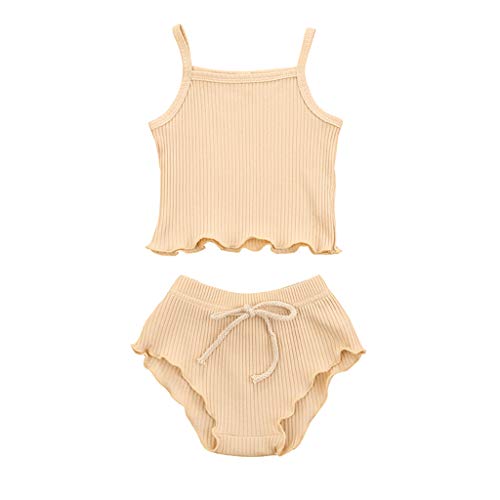 Baby Girls Outfits, Newborn Infant Baby Girls Boys Strap Solid Vest Shorts Pants Set Summer Outfits 0-24 Months Beige