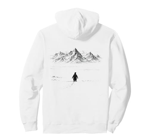 Penguin But Why Mountains Backprint White Pullover Hoodie