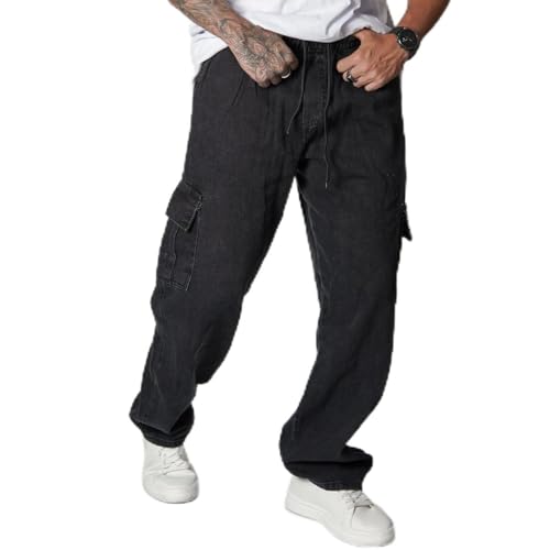 Calça Cargo Tática Sarja Larga Masculina Bolsos Laterais Skatista (BR, Alfa, P, Regular, Regular, Jeans Preta)