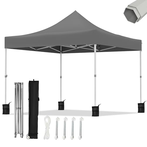 10x10ft Pop Up Canopy - Beach Tent with Easy Set-up, Portable Outdoor, Commercial Shade with Wheeled Carry Bag, Thickened Fabric, Hexagonal Steel, Dark Gray