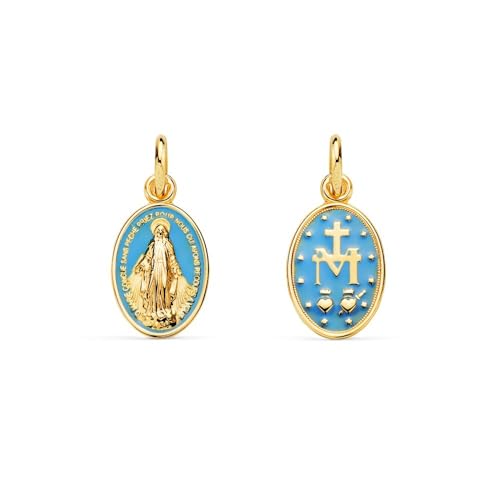 Médaille miraculeuse en or 18k Vierge Marie pour femme émaillé bleu 16 mm
