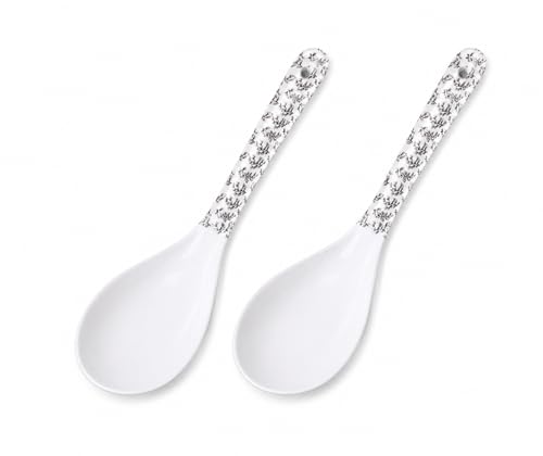 Image of Melvio By Malti 2 Pcs Serving Spoon Set for Dining & Serving | Premium Melamine Soup & Curry Spoons with Elegant Floral Design | Dishwasher Safe Serving Spoons for Rice, Dal | White, 9 Inch