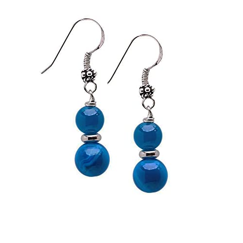 TreasureBay Handmade Women's Natural Gemstone Double Beads and Sterling Silver Dangle Drop Earrings | Gift for Women, Girls (Blue Agate)