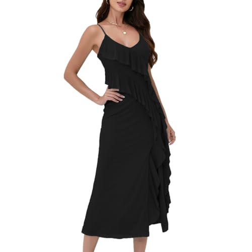 Image of Women's Spaghetti Strap Ruffle Side Split Long Dress Bodycon Beach Maxi Dresses