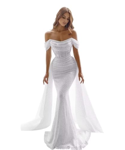 Sparkly Mermaid Prom Dresses for Women Sequin Off The Shoulder Detachable Train Evening Dresses Long Ball Gown