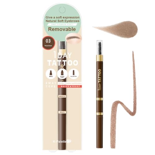 K-Palette 3-in-1 Eyebrow Pencil, Waterproof Brow color for Sculpting & Long-Lasting 3D Effect, Natural Eyebrow Makeup, 03 Mocha Brown