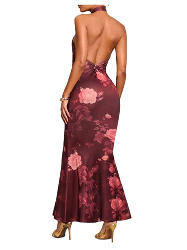 Image of GORGLITTER Women's Open Backless Wedding Guest Dress Ruch Sleeveless Ribbed Bodycon Halter Maxi Dresses