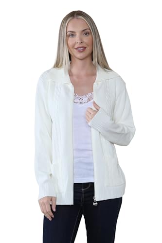 click2style Ladies Zip Pocket Cardigan Women Zipped Cable Knit Long Sleeve Jumper Plus Size Also Available (UK, Alpha, L, XL, Regular, Regular, Cream)