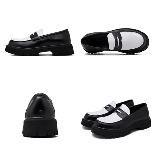 Mens Two Tone Leather Slip On Platform Penny Loafers Chunky Round Toe Non Slip Lug Sole Tassel Color Block Dress Shoes for Business Casual Work Daily Commute Party Prom Formal2