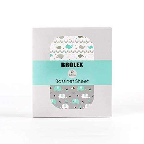 Stretch Fitted Bassinet Sheet Set BROLEX 2 Pack Cradle Sheets for Bassinet Pad/Mattress,Unisex Boys Girls,Ultra Soft,Elephant Whale