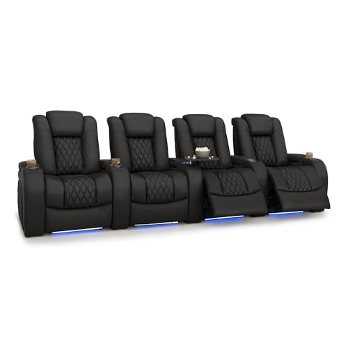 Image of Seatcraft Diamante Black Italian Leather Home Theater Seating, Zero Gravity Power Recliner Gaming and Home Office Chair, Powered Headrest Lounge Sofa Furniture for Cinema Room, Row of 4