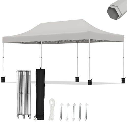 10x20ft Pop Up Canopy - Beach Tent with Easy Set-up, Portable Outdoor Canopy Instant Tent, Commercial Shade Canopy with Wheeled Carry Bag, Thickened Fabric, Hexagonal Steel, 3 Height Adjusta