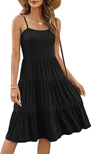 Berydress Women's Casual Summer Midi Dress Spaghetti Strap Tiered Babydoll Dress Sleeveless Wedding Guest Dresses (M, 6167-Black)