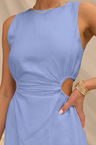 Lillusory Womens Sky Blue 2023 Summer Cutout Split Bodycon Midi Formal Dress Cotton Linen Sleeveless Birthday Wedding Guest Maxi Dresses #TOP2
