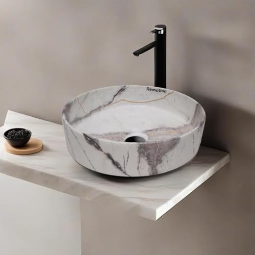 Image of REMOTION Round Countertop Wash Basin For Bathroom | Tabletop Ceramic Bathroom Sink | Wash Basin Over Counter | Wash Basin For Living Room, Resturent (12.5 x 12.5 x 5 Inch) (Designer Grey)