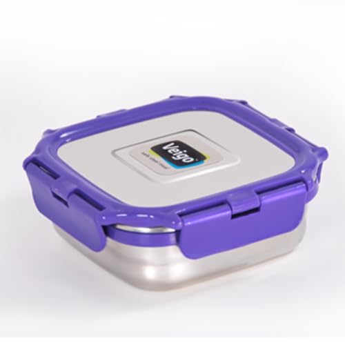 Image of Veigo Original Set Pack of 3 Stainless Steel Airtight & Leakproof Medium Lunch Box with Silicon Ring & Polymer Frame for Re-Heating|Safe Lid Lock|Square (330ML) Violet Purple