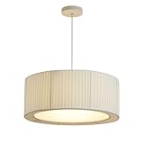 Conception : lustre Comprend un abat-jour en tissu à rayures verticales beige clair avec une forme circulaire, une esthétique intérieure nordique et minimaliste.