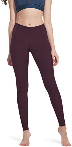 TSLA DRST Women High Waist Yoga Pants with Pockets, Tummy Control Yoga Capris, Stretch Workout Leggings, Midwaist Dark Plum, Small
