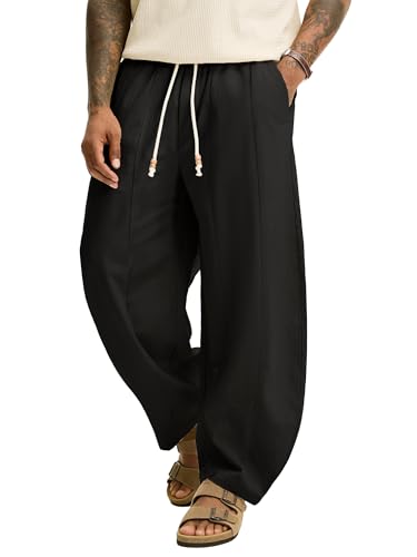 JEMLDL Mens Baggy Cotton Linen Pants Black Barrel Leg Drawstring Pleated Pants Loose Fit Casual Beach Lounge Pants Large
