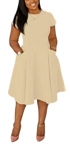 Image of Summer Dresses for Women Semi-Formal Fit Casual Slim Short Sleeve O-Neck Elegant Swing A Line Midi Dresses with Pockets