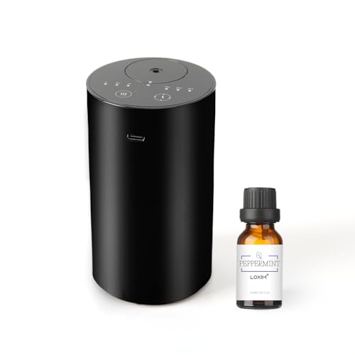 LOXIM Waterless Portable Diffuser with Peppermint Essential Oil, Aromatherapy Diffuser with Battery Operated, 3 Cold Mist, Timer 1/2/3H, for Cars, Home, Office, Bedroom, Spa, Travel (Black)