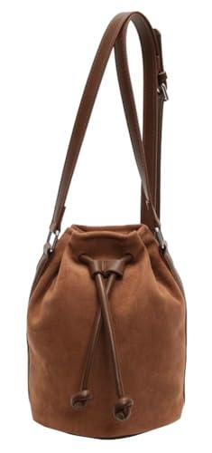 VZXATYOP Bolso Bandolera de Ante Tipo Cubo for Mujer - Bolso Tipo Cartera con cordón y Correa Ajustable(Brown)