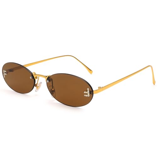 Dollger Trendy Rimless Oval Sunglasses Women Men Retro Y2K Small Diamond Frame 90s Metal Designer Fashion Glasses Brown Shades