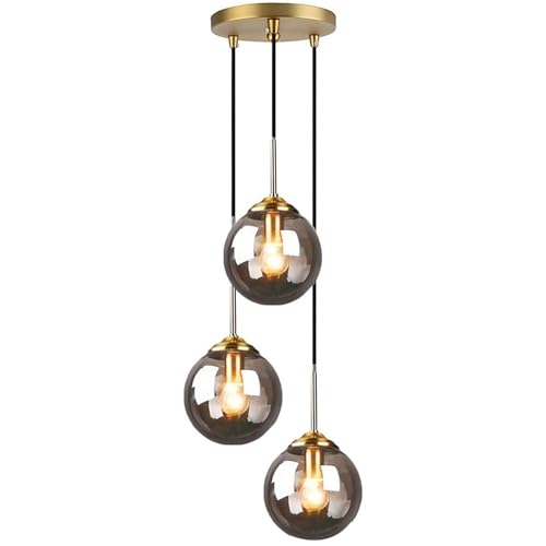 Modern Globe 3 Pendant Lights, Glass Ball Pendant Lighting for Kitchen Island Dining Room Bedroom Farmhouse Pendant Lighting Fixtures, Ceiling Hanging Light (Smoke Gray)