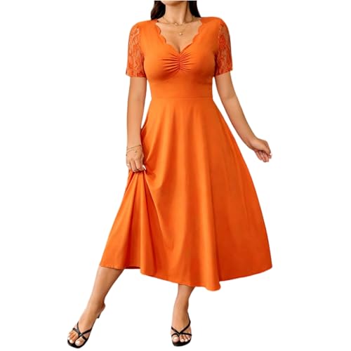 Robe ete femme midi col V plissée en dentelle chic
